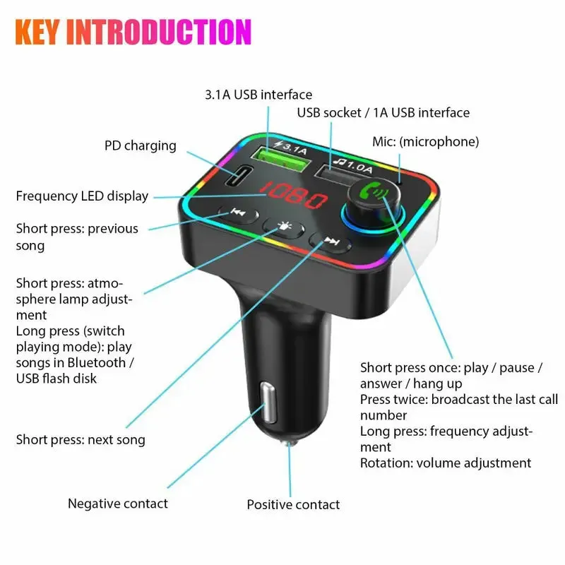 7 Color LED Backlit Light Bluetooth FM Transmitter and Dual USB Charger