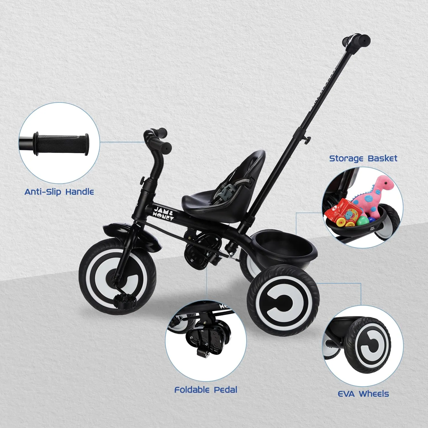 Amazon Brand - Jam & Honey Tricycle for Kids | Plug N Play | Parental Handle and Seatbelt (Black)