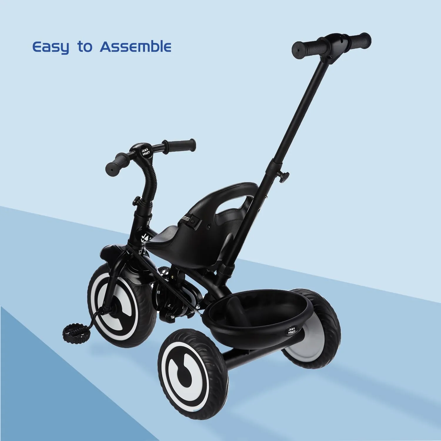 Amazon Brand - Jam & Honey Tricycle for Kids | Plug N Play | Parental Handle and Seatbelt (Black)