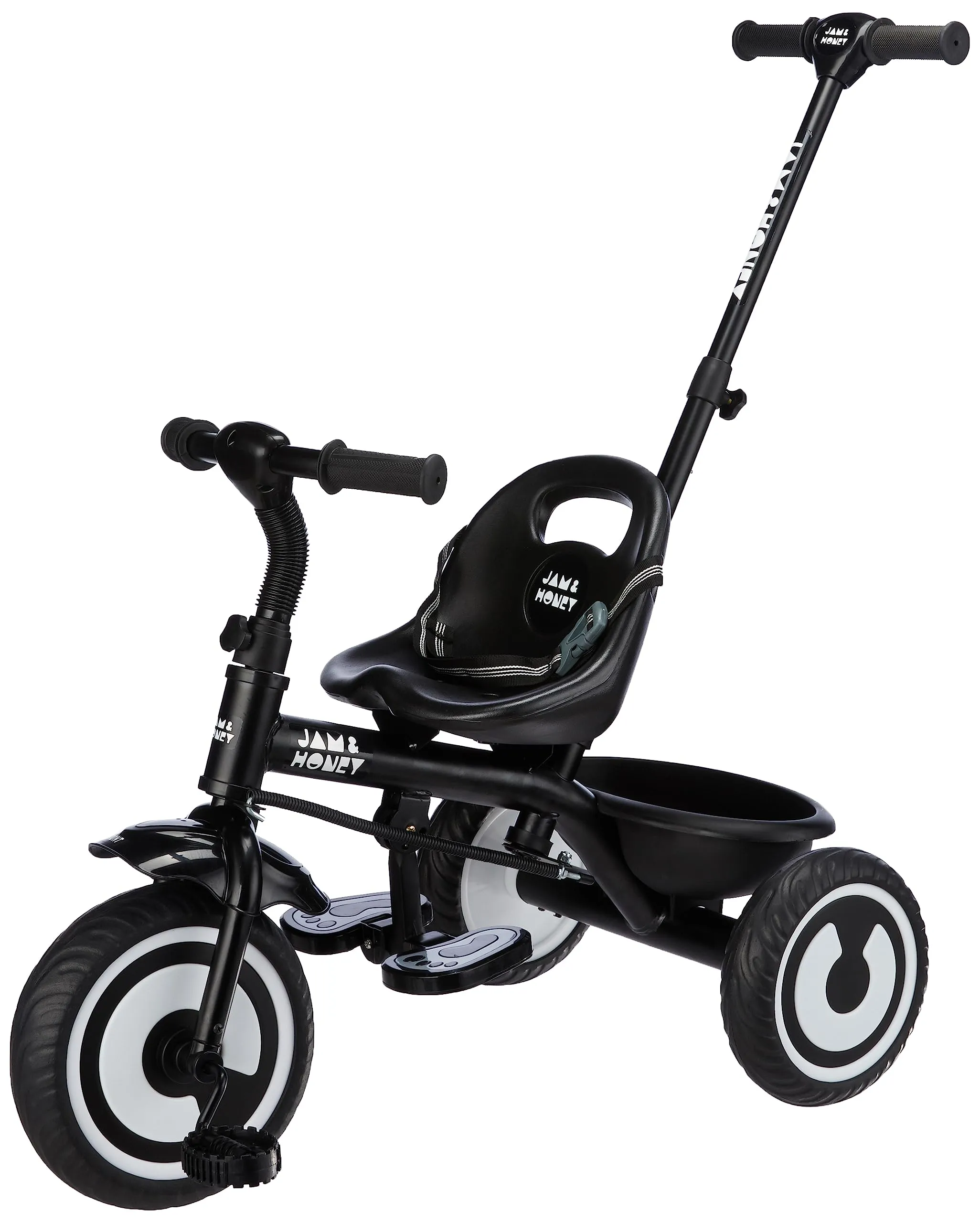 Amazon Brand - Jam & Honey Tricycle for Kids | Plug N Play | Parental Handle and Seatbelt (Black)