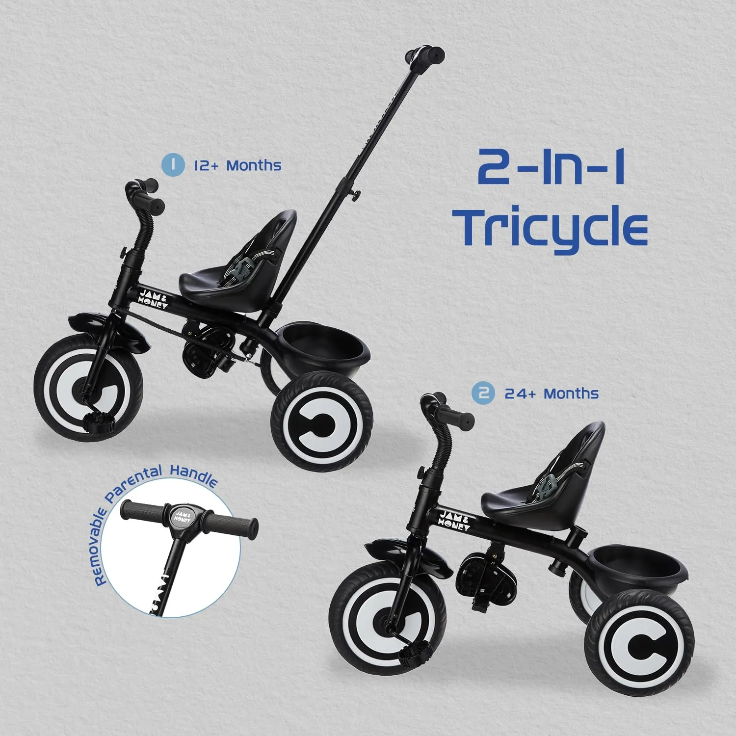 Amazon Brand - Jam & Honey Tricycle for Kids | Plug N Play | Parental Handle and Seatbelt (Black)