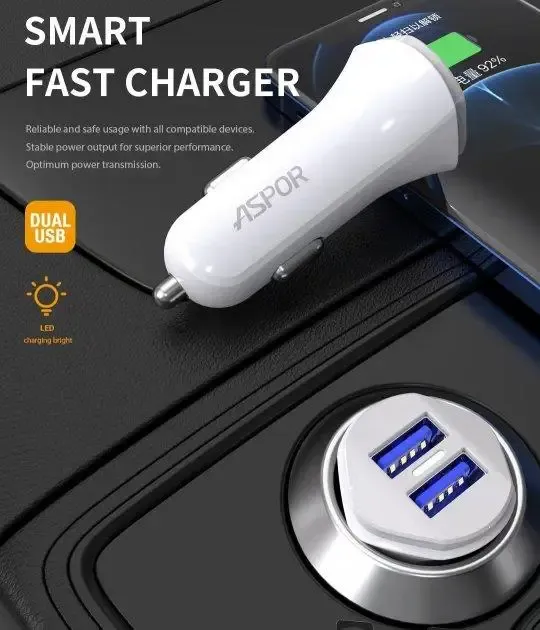 Aspor A903 Dual USB Car Charger with Type C Cable