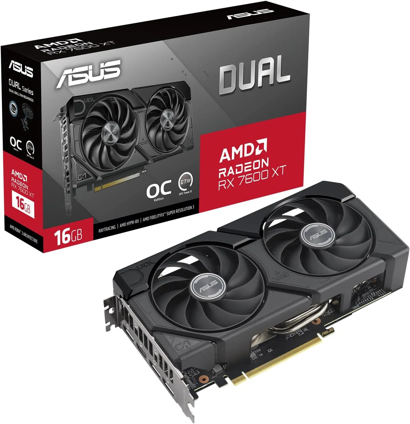 Asus DUAL RX7600 XT OC Gaming Graphics Card, PCIe4, 16GB DDR6, HDMI, 3 DP, 2801MHz Clock, Overclocked