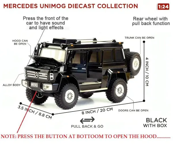 BIG SIZE MERCEDES-BENZ UNIMOG 1:24 DIECAST METAL PULLBACK TOY CAR WITH OPENABLE DOORS & LIGHT, MUSIC BOYS CAR FOR KIDS BEST TOYS GIFTS TOYS FOR KIDS [ COLOE AS PER STOCK ]