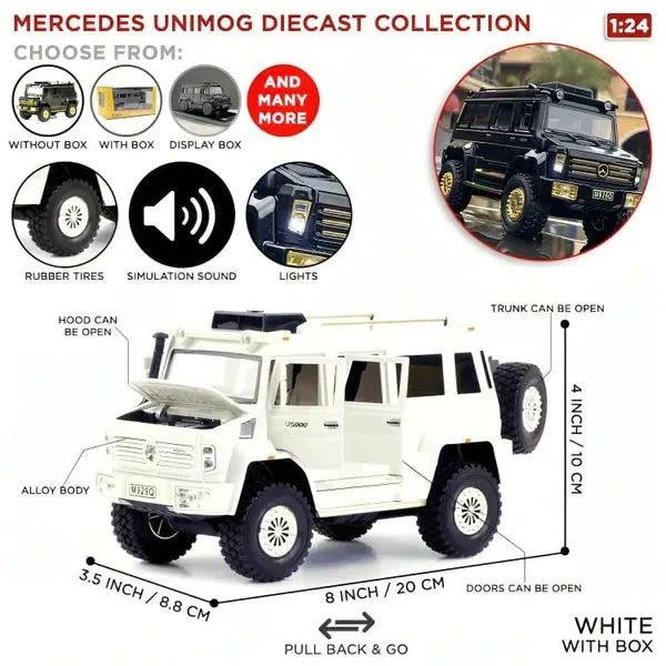 BIG SIZE MERCEDES-BENZ UNIMOG 1:24 DIECAST METAL PULLBACK TOY CAR WITH OPENABLE DOORS & LIGHT, MUSIC BOYS CAR FOR KIDS BEST TOYS GIFTS TOYS FOR KIDS [ COLOE AS PER STOCK ]