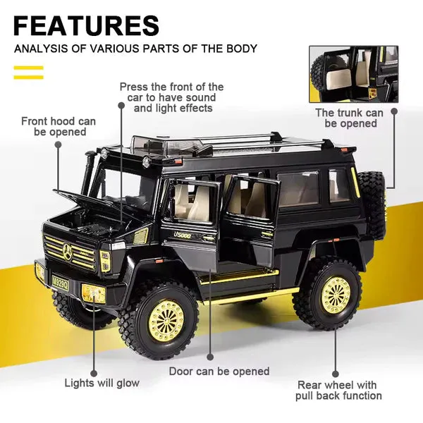 BIG SIZE MERCEDES-BENZ UNIMOG 1:24 DIECAST METAL PULLBACK TOY CAR WITH OPENABLE DOORS & LIGHT, MUSIC BOYS CAR FOR KIDS BEST TOYS GIFTS TOYS FOR KIDS [ COLOE AS PER STOCK ]