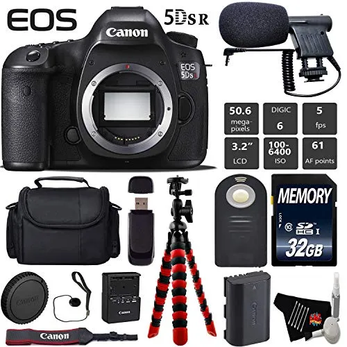 Canon EOS 5DS R DSLR Camera (Body Only)   Wireless Remote   Condenser Microphone   Case   Wrist Strap   Tripod Starter Bundle