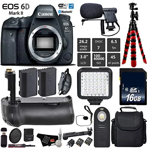 Canon EOS 6D Mark II DSLR Camera (Body Only)   Professional Battery Grip   Condenser Microphone   LED Kit   Extra Battery Base Bundle