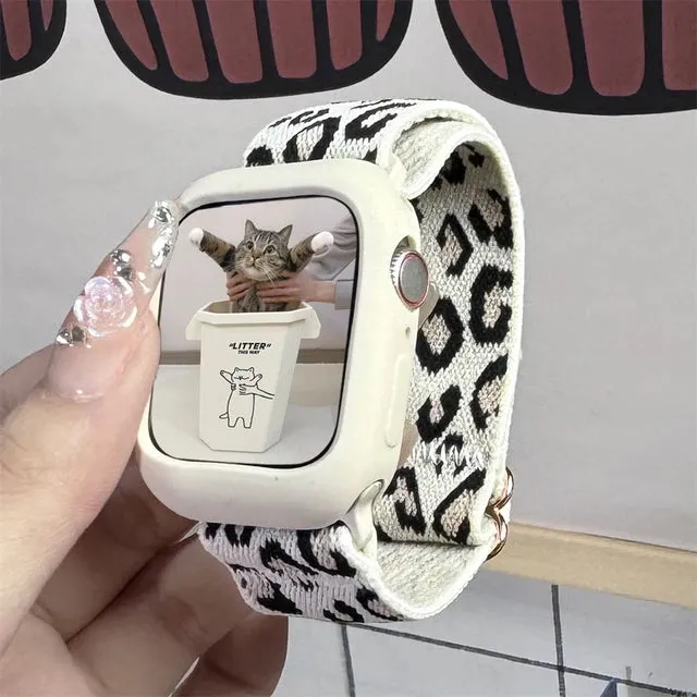 Cute Leopard Print Strap   Case For Apple Watch Band 44 40 45 41 49 MM Girl Elastic Nylon Wrist Bracelet For iWatch 9 8 SE 7 6 5