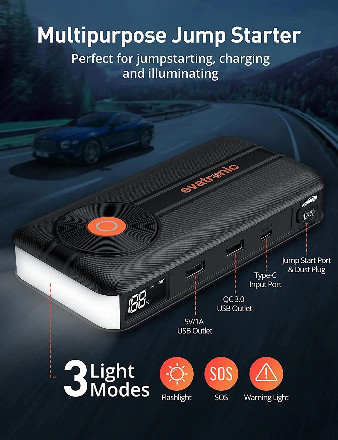 Evatronic Jump Starter 2000A Peak Car Jump Starter, 11300mAh Portable Battery Booster