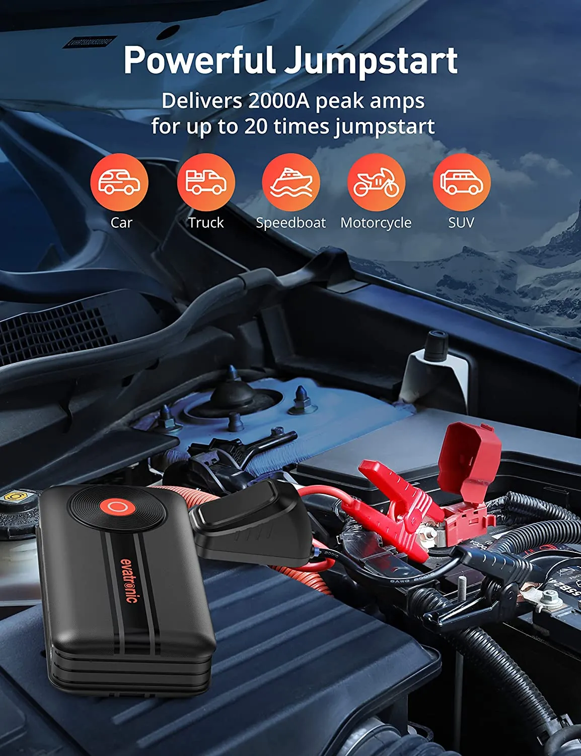 Evatronic Jump Starter 2000A Peak Car Jump Starter, 11300mAh Portable Battery Booster