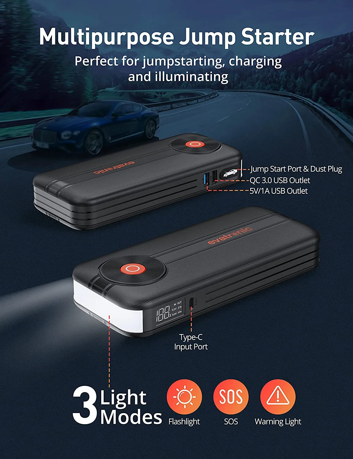 Evatronic Jump Starter 4000A Peak Car Jump Starter, 20,000mAh Portable Battery