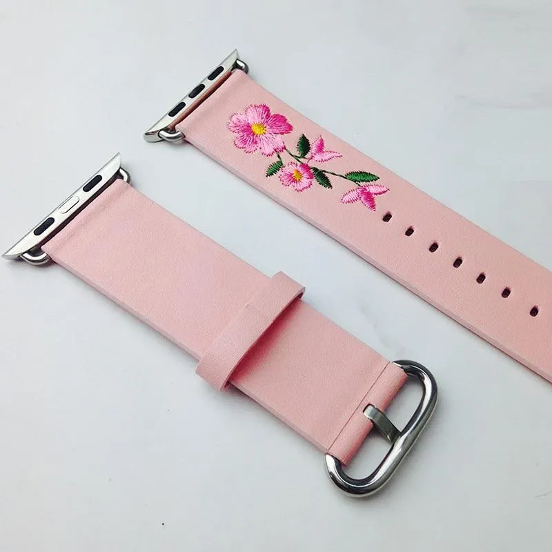 Floral Flower Watchband Embroidery Faux Pu Leather Silver Buckle