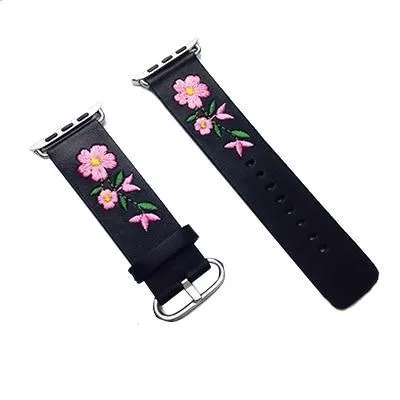 Floral Flower Watchband Embroidery Faux Pu Leather Silver Buckle