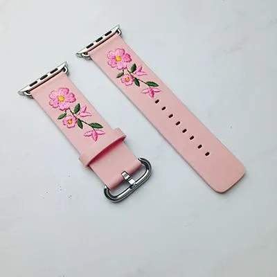 Floral Flower Watchband Embroidery Faux Pu Leather Silver Buckle