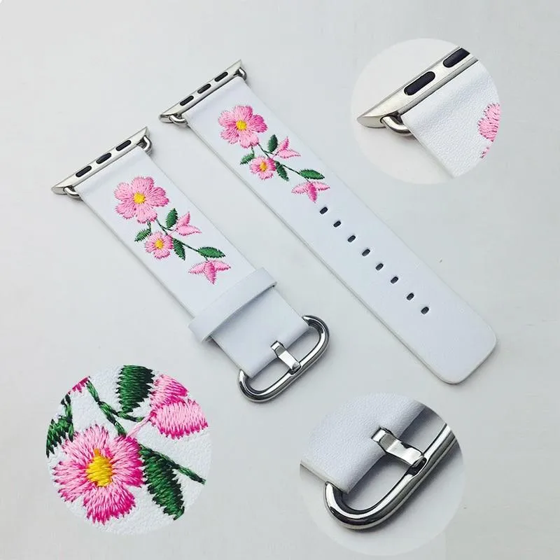 Floral Flower Watchband Embroidery Faux Pu Leather Silver Buckle