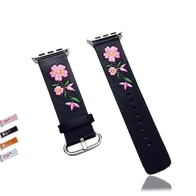 Floral Flower Watchband Embroidery Faux Pu Leather Silver Buckle