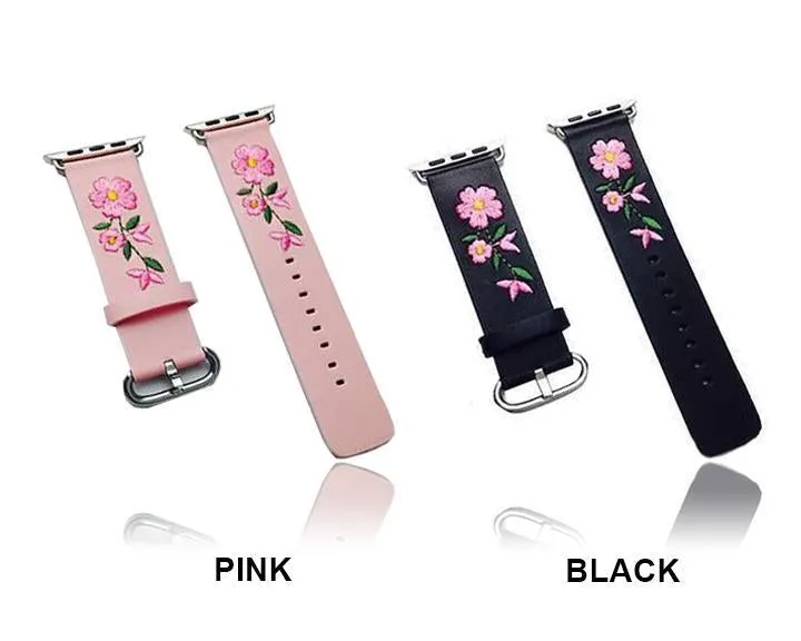 Floral Flower Watchband Embroidery Faux Pu Leather Silver Buckle