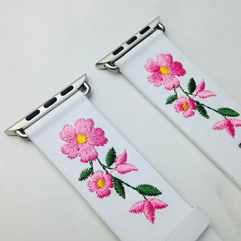 Floral Flower Watchband Embroidery Faux Pu Leather Silver Buckle