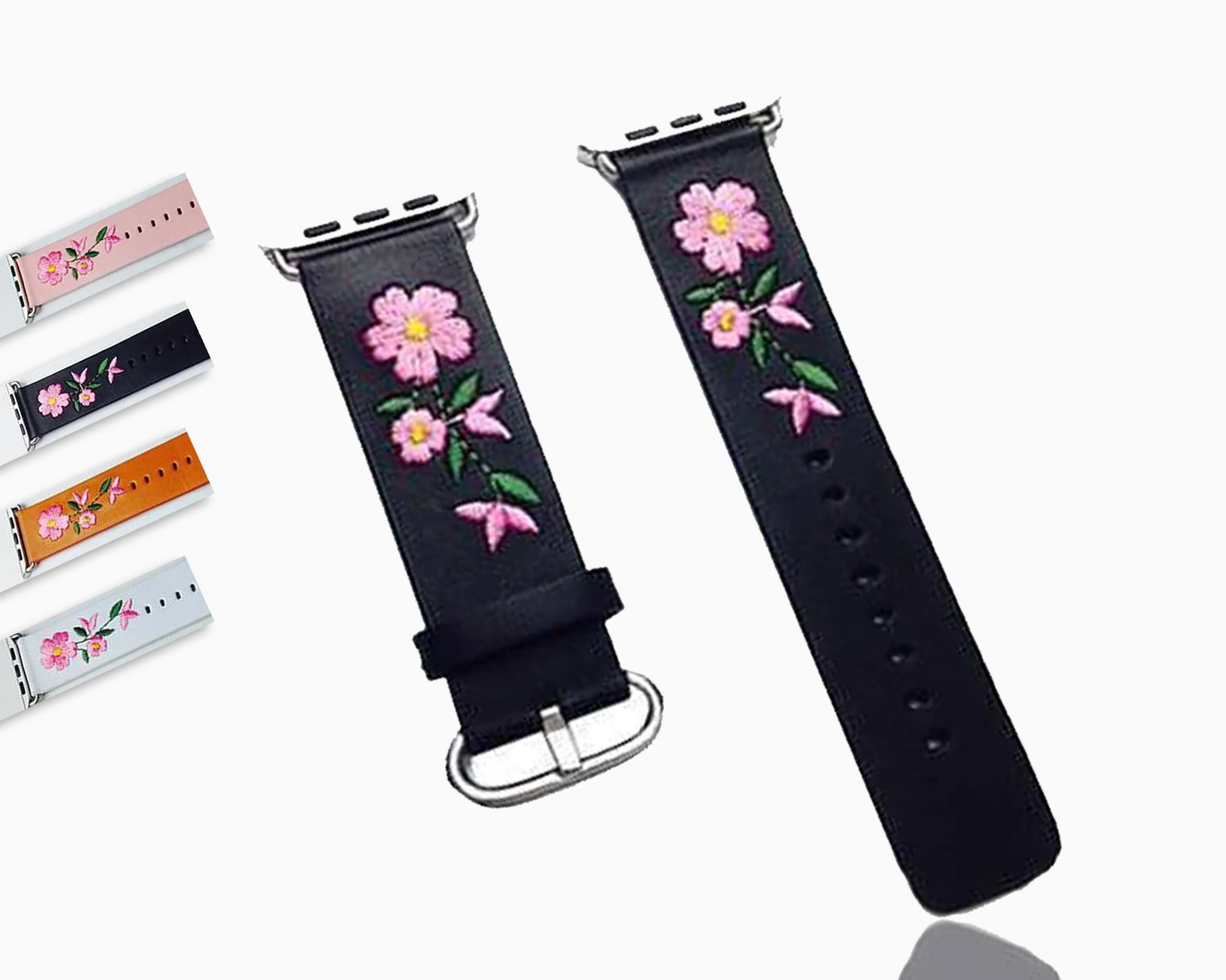 Floral Flower Watchband Embroidery Faux Pu Leather Silver Buckle