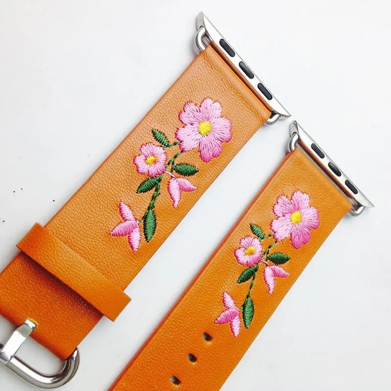 Floral Flower Watchband Embroidery Faux Pu Leather Silver Buckle