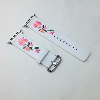 Floral Flower Watchband Embroidery Faux Pu Leather Silver Buckle