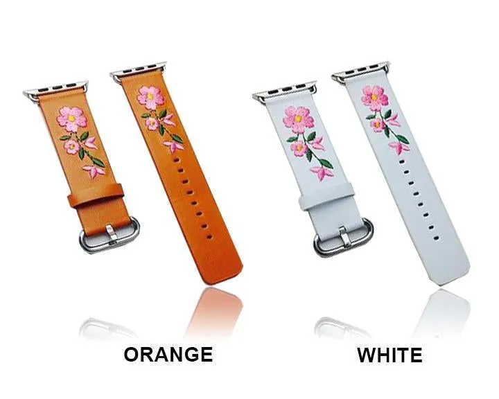 Floral Flower Watchband Embroidery Faux Pu Leather Silver Buckle