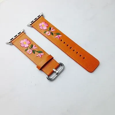 Floral Flower Watchband Embroidery Faux Pu Leather Silver Buckle