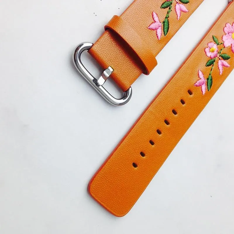 Floral Flower Watchband Embroidery Faux Pu Leather Silver Buckle