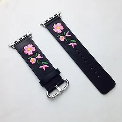 Floral Flower Watchband Embroidery Faux Pu Leather Silver Buckle