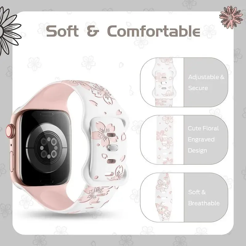 For Apple Watch Floral Engraved Band Compatible with Apple Watch Bands Ultra 9 8 7 6 5 4 3 2 Double Color Silicone iwatch Strap