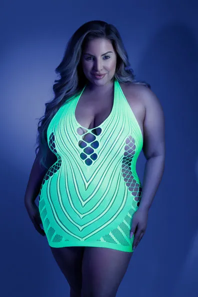 Glow Shock Value Neon Net Halter Dress  Neon Green - Queen Size