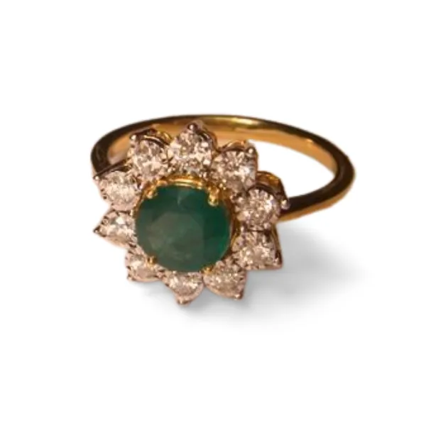 Gorgeous 18K Yellow Gold Emerald Diamond Sunflower Cocktail Ring