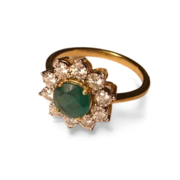 Gorgeous 18K Yellow Gold Emerald Diamond Sunflower Cocktail Ring