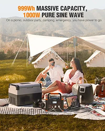 GRECELL 999Wh Solar Generator 1000W, Portable Power Station with 60W USB-C PD Output, 110V Pure Sine Wave AC Outlet Backup Lithium Battery for Outdoors Camping Travel Hunting Home (Peak 2000W)