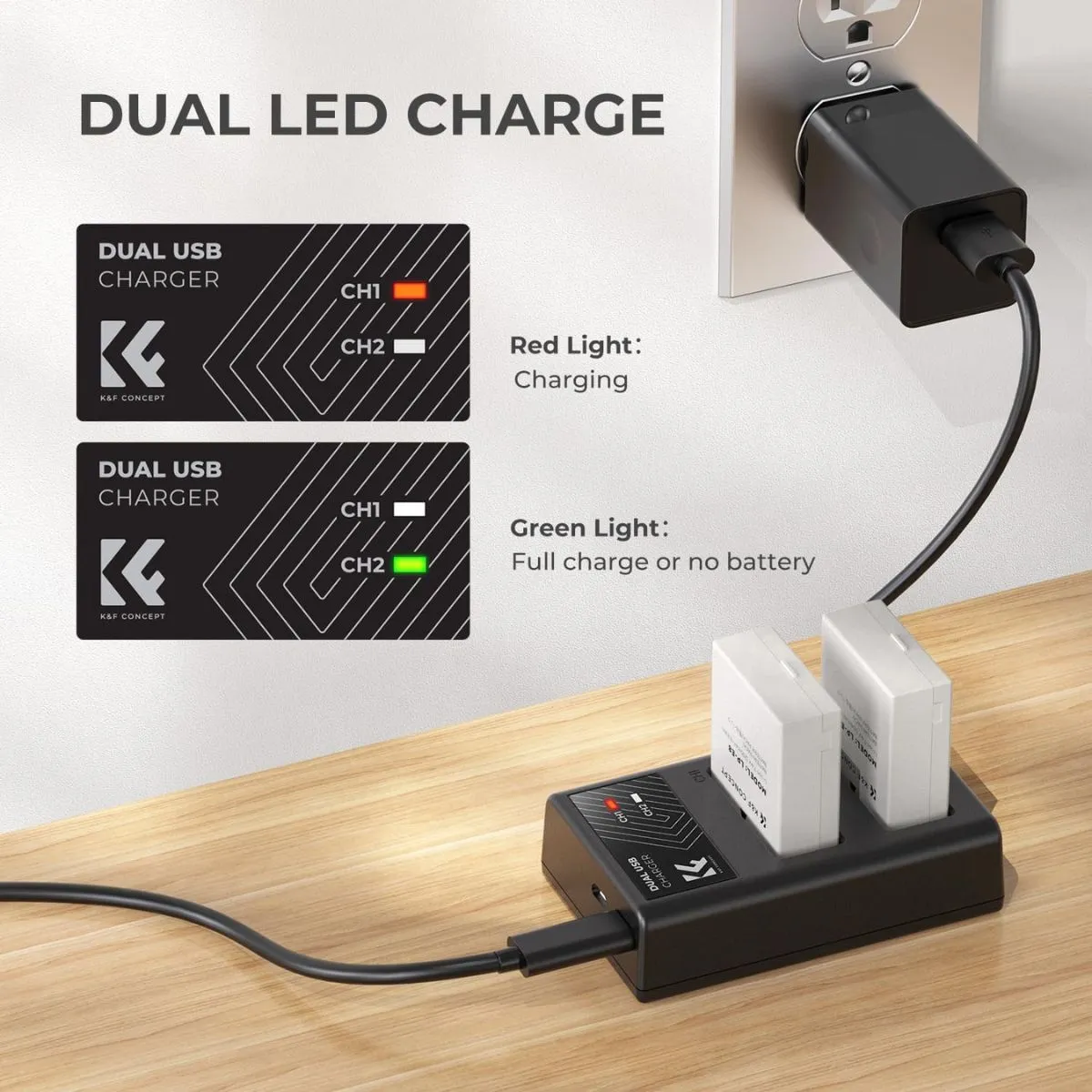 K&F Concept (2-Pack) LP-E8 LPE8 Battery and Dual USB Charger Kit for Canon EOS 700D 650D 550D X7i X6i X5 Camera with Micro USB and Type C Port