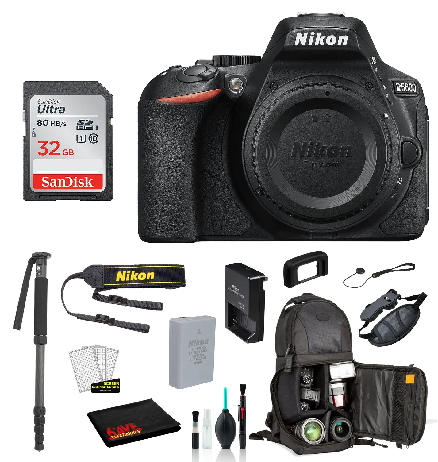 Nikon D5600 DSLR Camera (Body Only)  Bundle – Includes SanDisk32GB SD Card   Sling Backpack   MORE - International Model