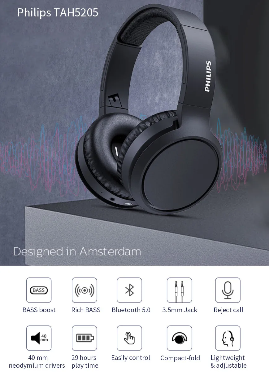 Philips TAH5205 Wireless Headphones with Bass Boost Upgrade of H5205