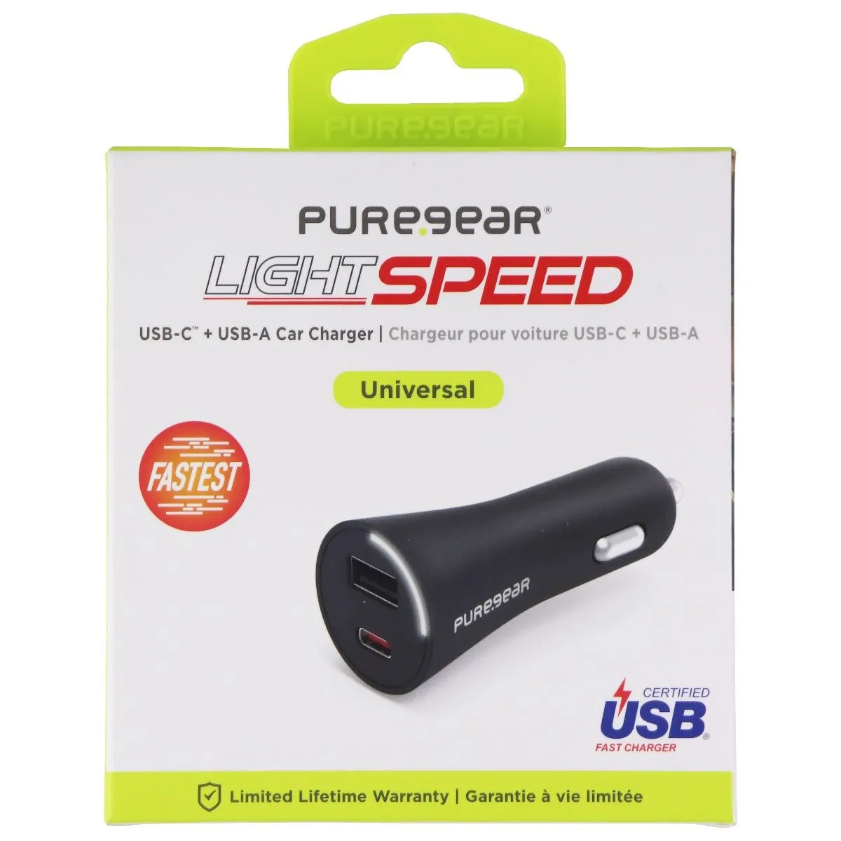 PureGear 30-Watt LightSpeed USB-C and USB-A Car Charger - Black (62811PG)