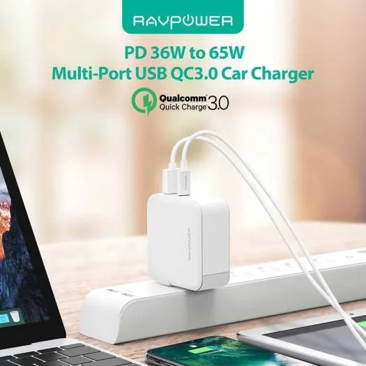 RAVPower RP-PC082 65W AC Wall Charger PD 65W QC 3.0 18W – White