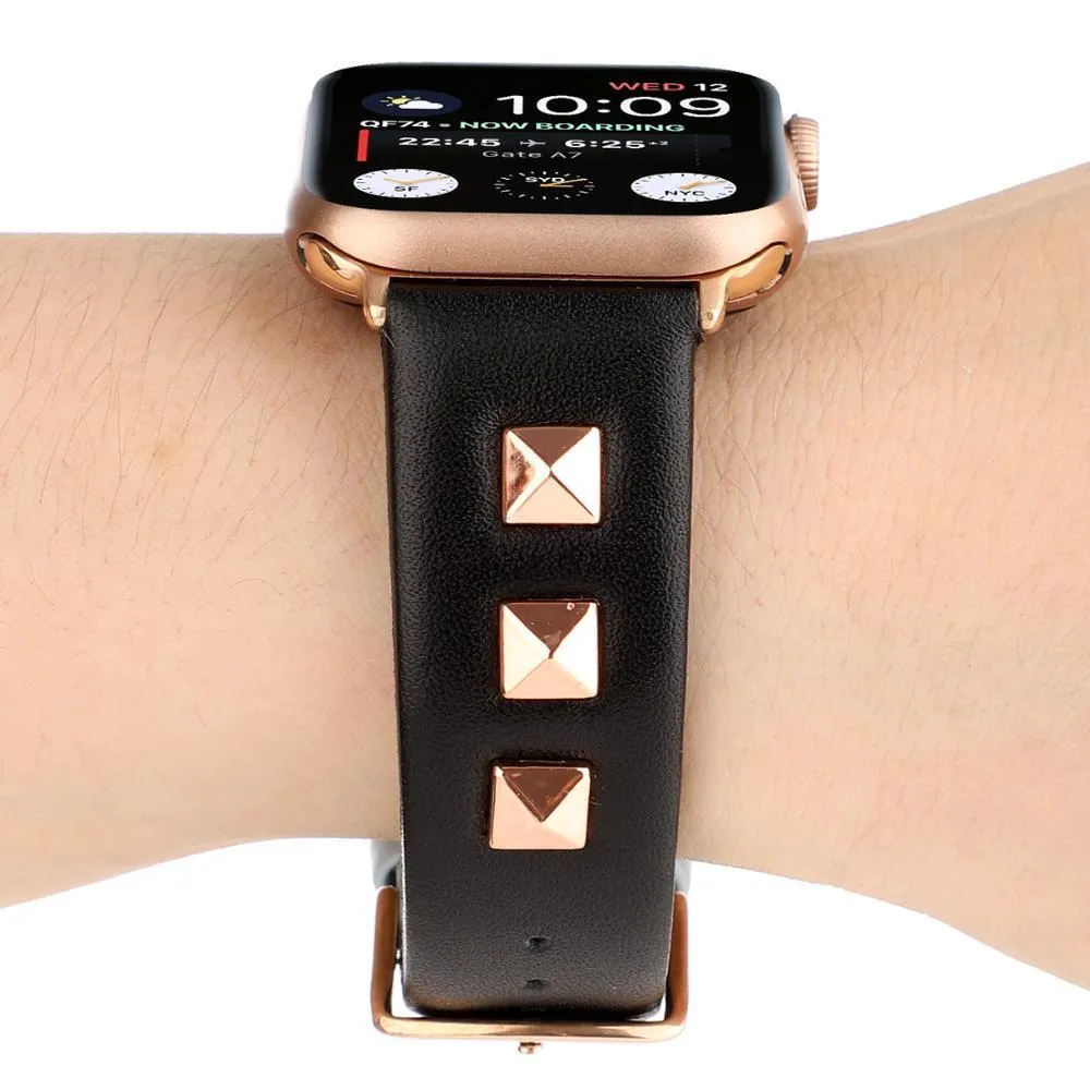 Rose Gold Metal Rivet Leather Sport Strap For iWatch Series