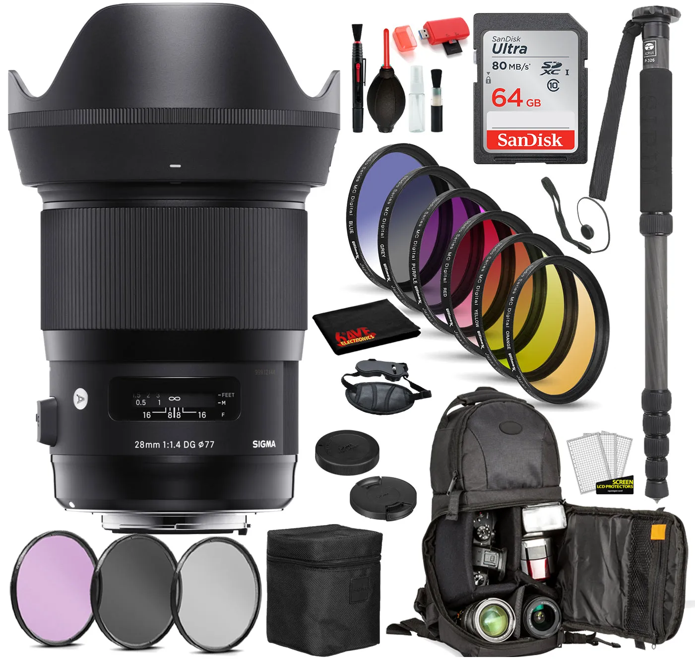 Sigma 28mm f/1.4 DG HSM Art Lens for Sony E Mount (441965) with: Sandisk 64gb SD Card, 9PC Filter Kit   More