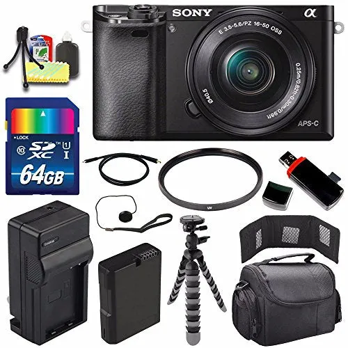 Sony Alpha a6000 Mirrorless Digital Camera with 16-50mm Lens (Black)   Battery   Charger   64GB Bundle 3 - International