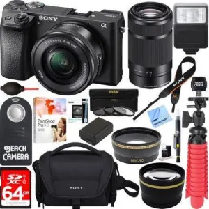 Sony Alpha a6500 24.2MP Wi-Fi Mirrorless Camera 16-50mm &amp; 55-210mm Zoom Lens (Black) Bundle