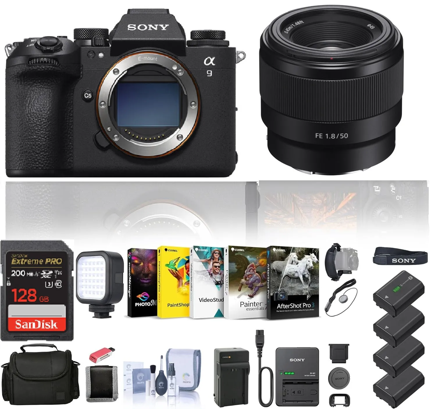 Sony Alpha a9 III Mirrorless Camera - 24.6MP Full Frame Global Shutter (ILCE-9M3)   1 Sony FE 50mm f/1.8 Lens   1 x 128GB Card   Bag   3 x NP-FZ100 Compatible Battery   External Charger   Card Reader   LED Light   More