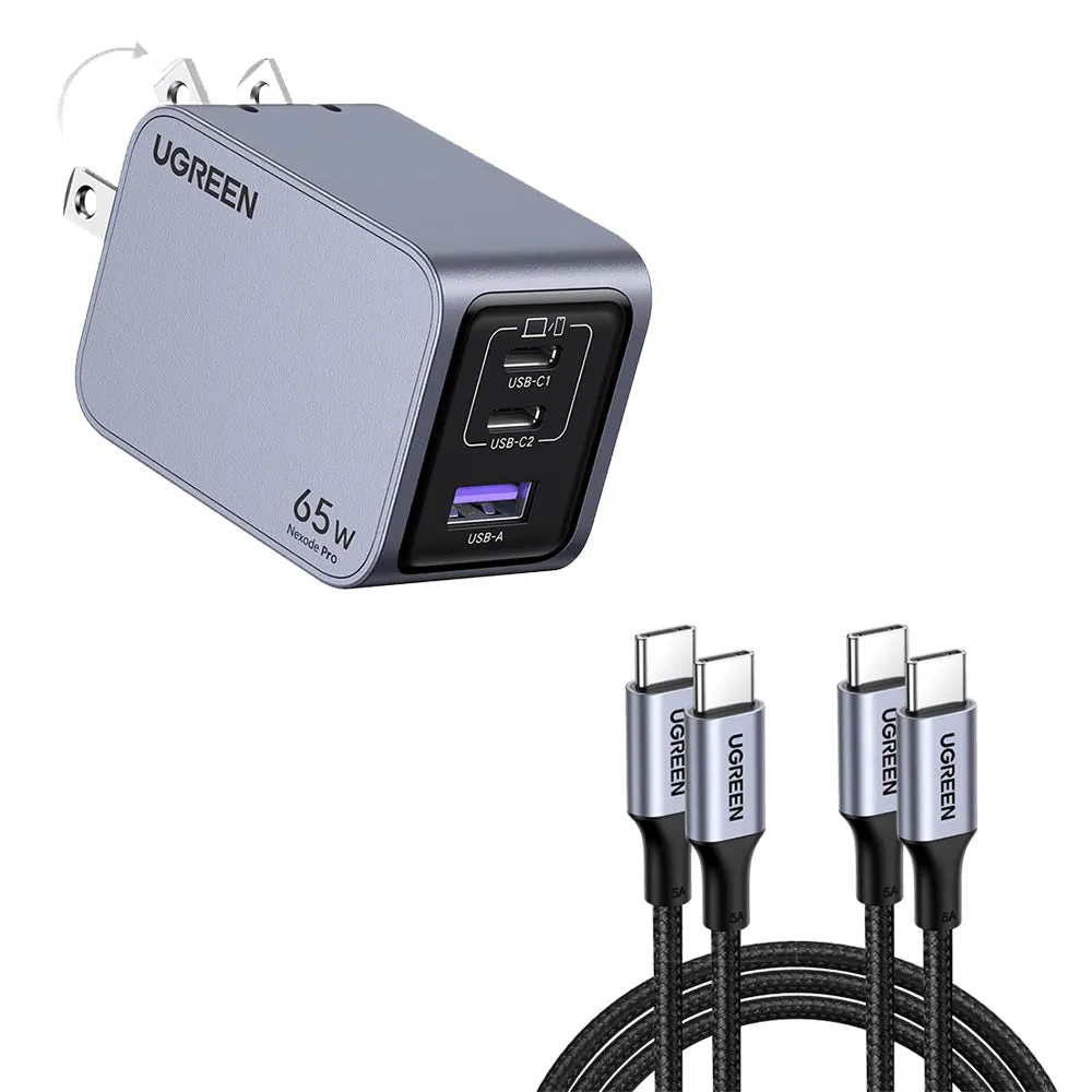 UGREEN Nexode Pro 65W 3-Port GaN Fast Charger with PD 100W USB Type-C Charging Cable for Smartphones, Tablets, Selected Computer Laptops, Earbuds, iPhone 16/15, iPad Pro/Air, MacBook, SAMSUNG Galaxy S24/23/22/21/20 with Temperature Control