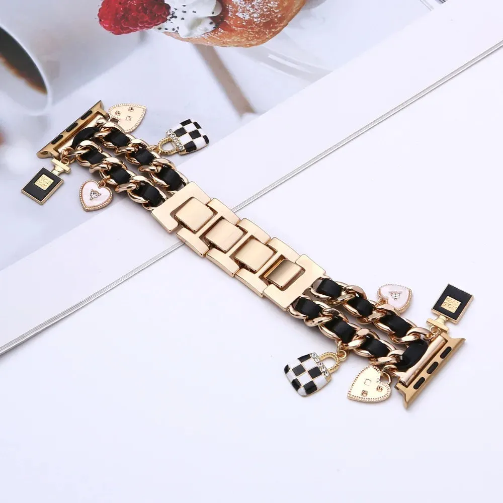 Women Metal leather Strap for Apple Watch 9 8 7 41mm 45mm Cute Bracelet for Iwatch Series 6 5 4 Se 3 2 44mm 40mm 38mm 42mm Band