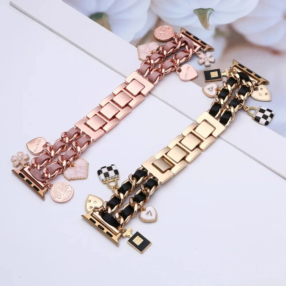 Women Metal leather Strap for Apple Watch 9 8 7 41mm 45mm Cute Bracelet for Iwatch Series 6 5 4 Se 3 2 44mm 40mm 38mm 42mm Band