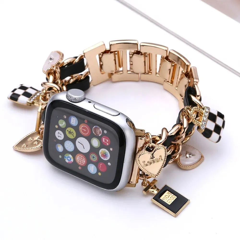 Women Metal leather Strap for Apple Watch 9 8 7 41mm 45mm Cute Bracelet for Iwatch Series 6 5 4 Se 3 2 44mm 40mm 38mm 42mm Band