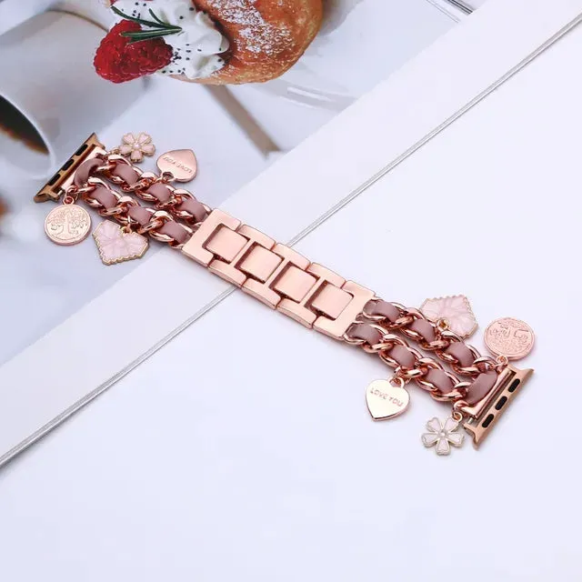 Women Metal leather Strap for Apple Watch 9 8 7 41mm 45mm Cute Bracelet for Iwatch Series 6 5 4 Se 3 2 44mm 40mm 38mm 42mm Band